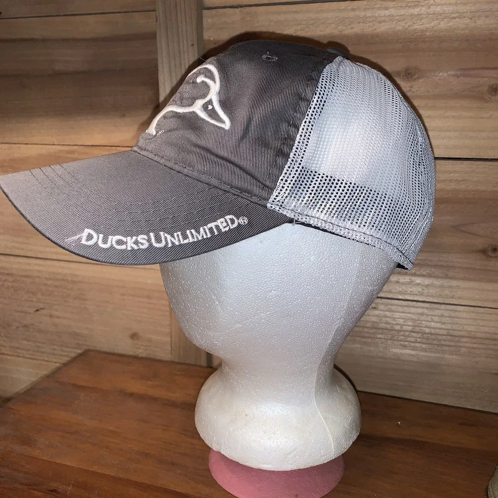 Ducks Unlimited Hat Strap Back OSFM Gray White Mesh Trucker Hat White Outline.